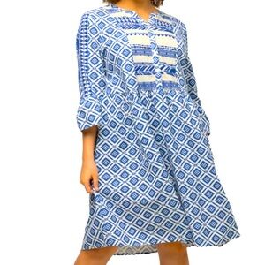 Ulla Popken Blue & White Ikat Cotton Peasant Dress 24/26 NWT $90